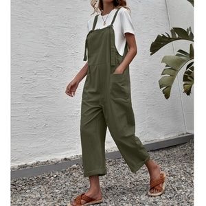 Army Green Casual Overalls w/ Pockets Rolled Up Hem